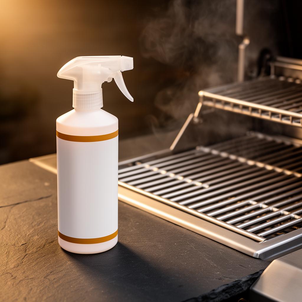 GreaseKiller Spray bottle next to a stainless steel BBQ grill grate