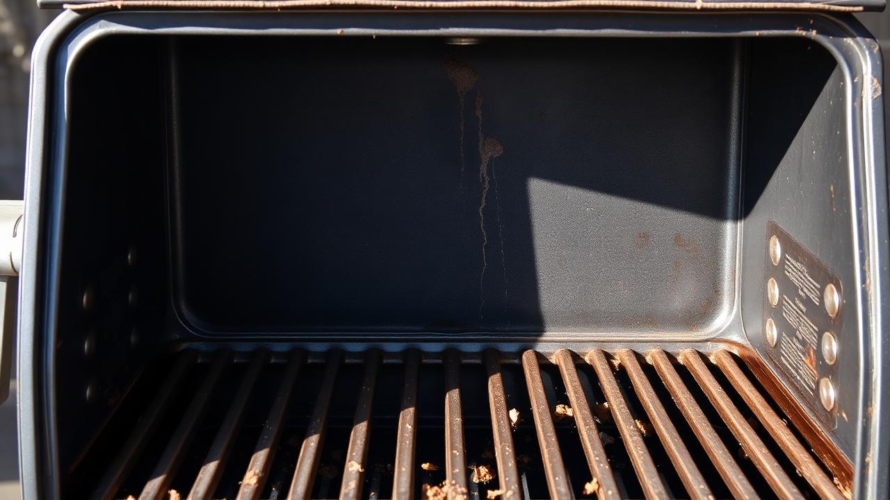 Inside of a gas grill cookbox showing grease buildup before cleaning
