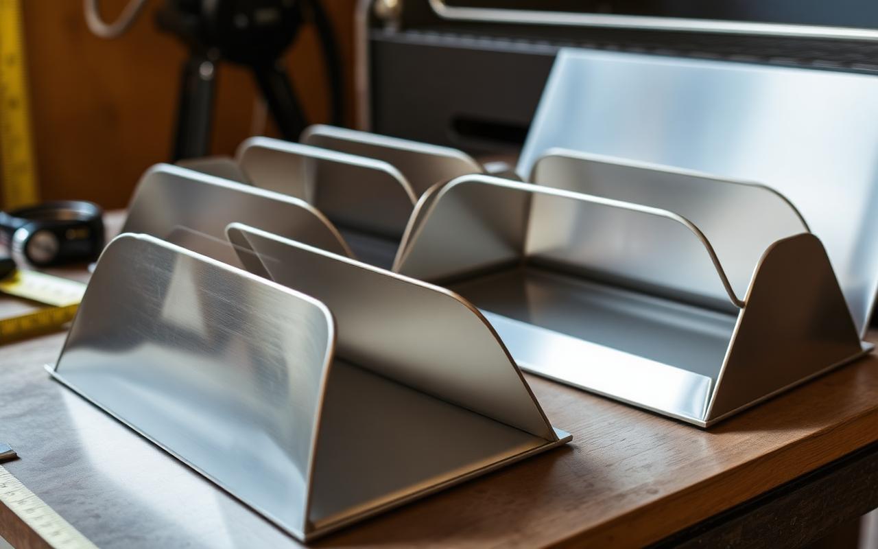 Stainless steel grill heat plates and flame tamers laid out on a workbench beside a tape measure and gas burner tube