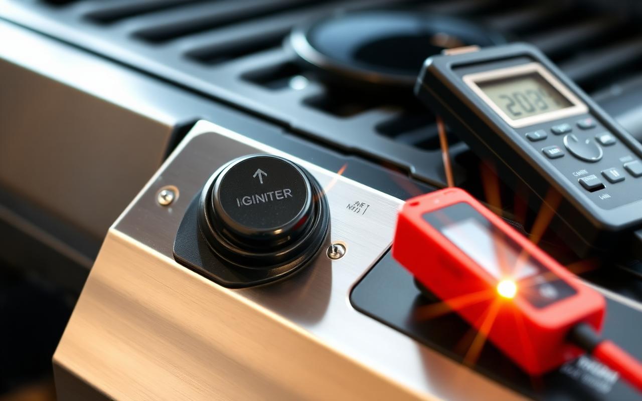 Close-up of a gas grill igniter button on a stainless steel control panel with multimeter and AAA battery beside it