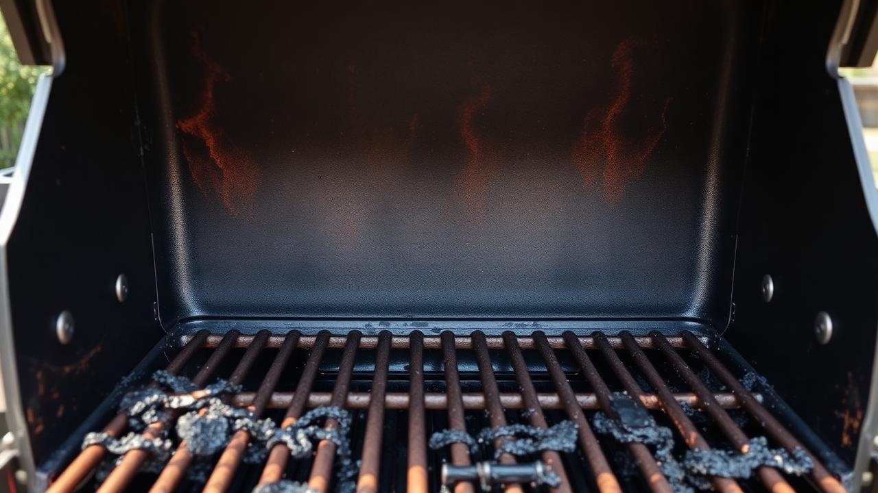 Grill interior showing post-grease-fire damage requiring deep cleaning