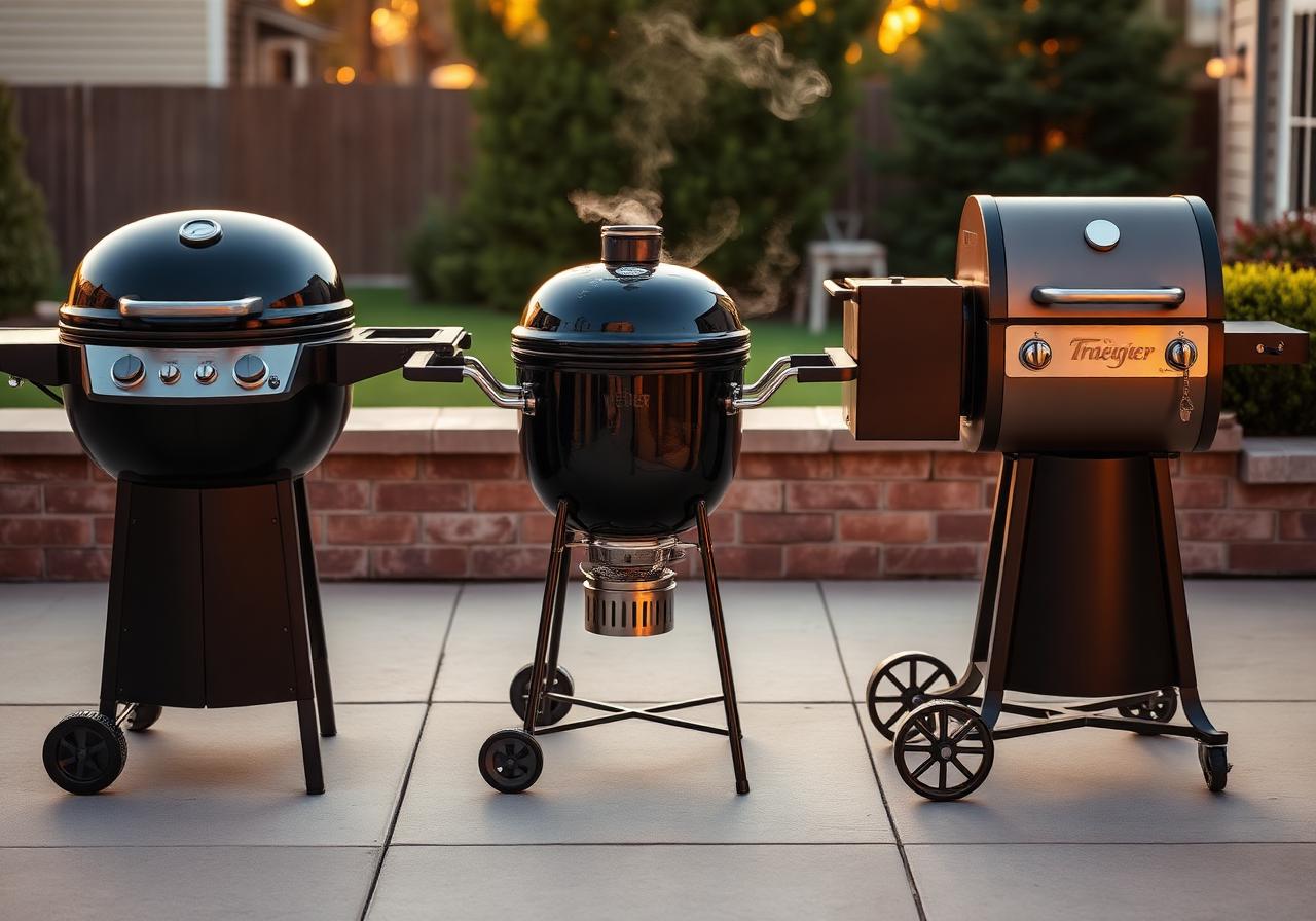 Multiple BBQ grills including Weber gas, Weber charcoal kettle, and Traeger pellet grill on patio