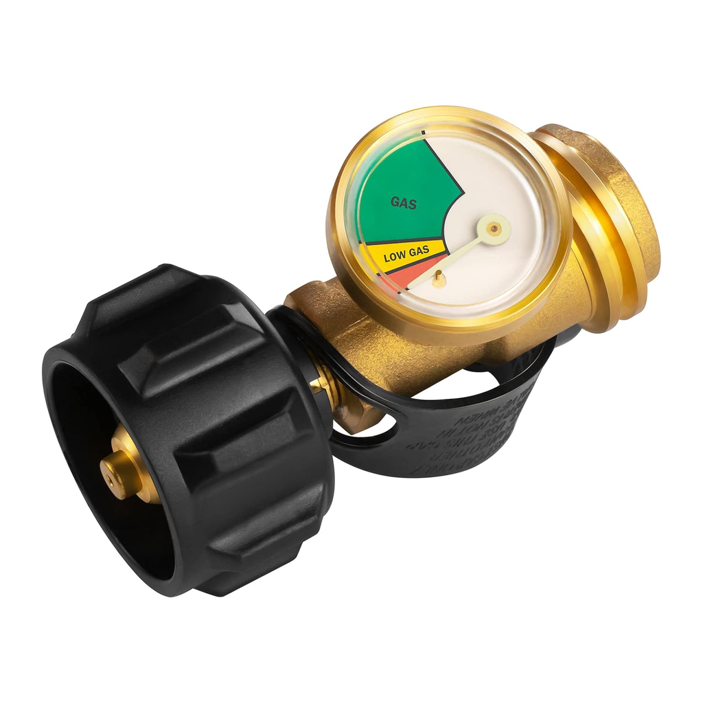 Propane tank gauge with green and red pressure indicator attached to QCC1 connector