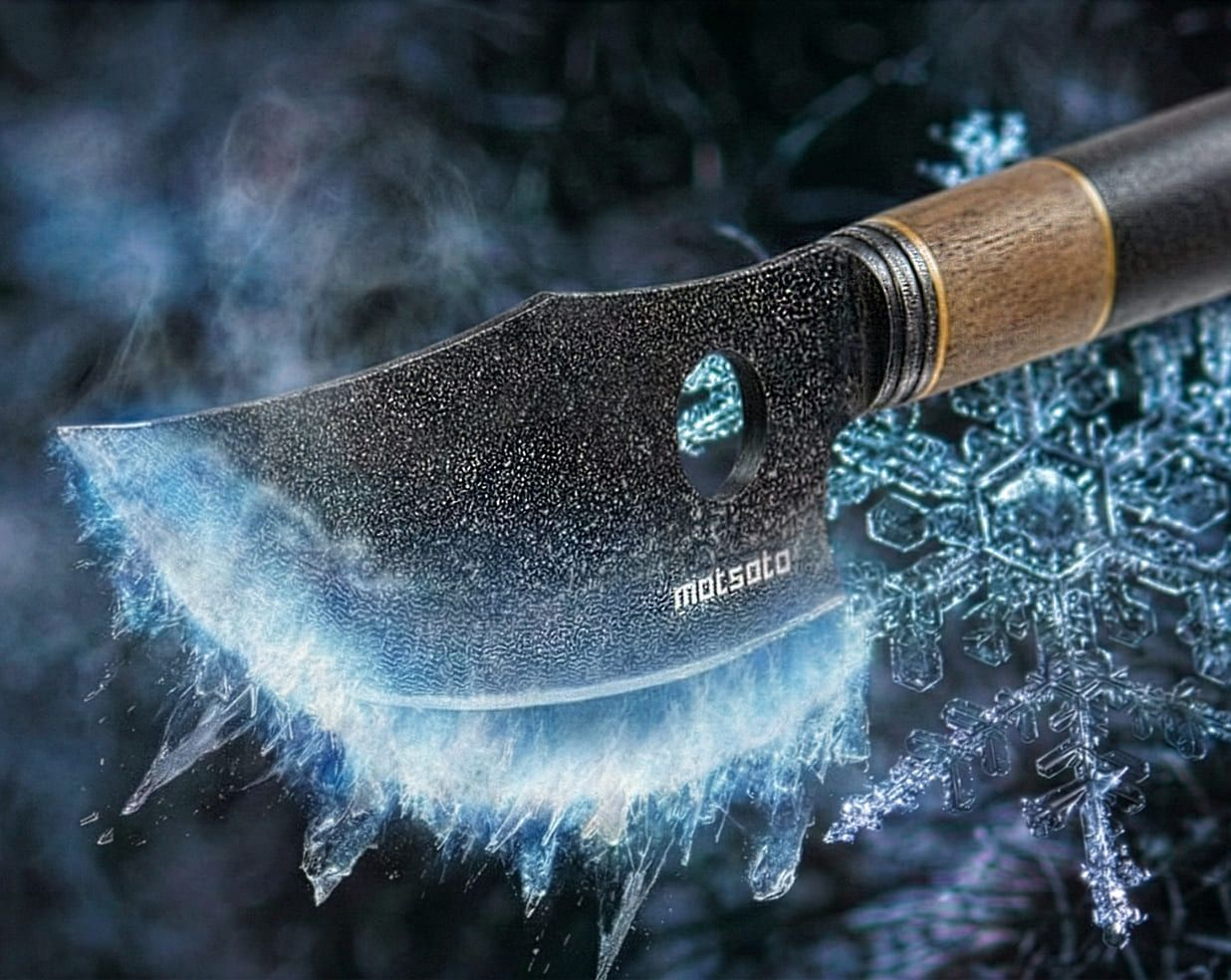 Close-up of a chef knife blade and dark wood handle with brass rivets
