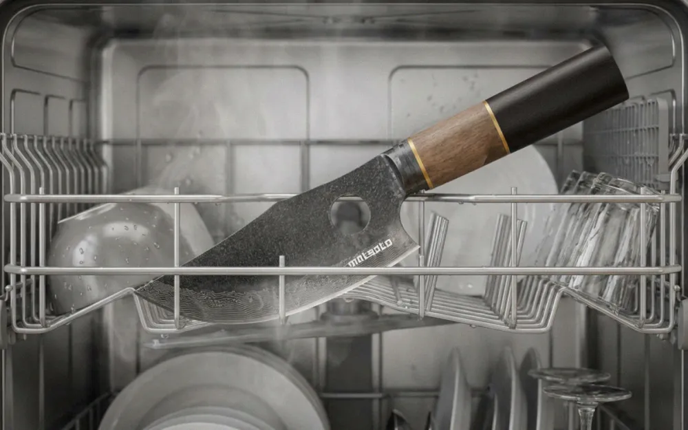 Matsato Osuren knife placed in a dishwasher rack — confirm dishwasher-safe status before doing this