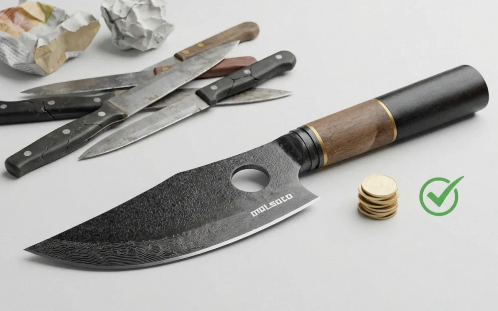 Matsato Osuren chef knife on a wooden cutting board with fresh herbs and tomatoes