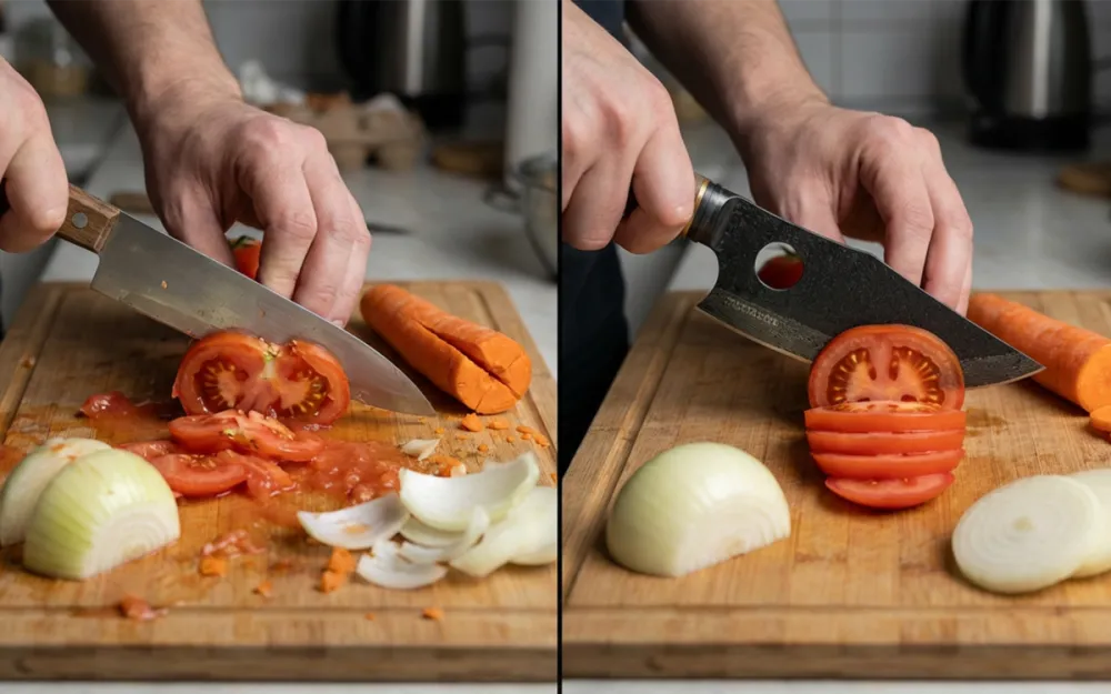Hands slicing peppers, onions, herbs, and meat on a cutting board — BBQ prep with a chef-style knife