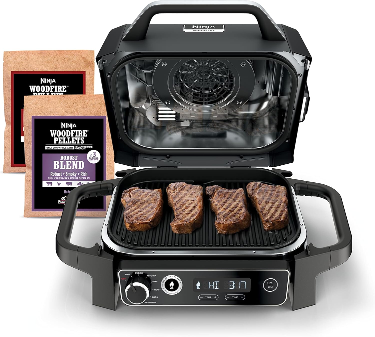 Ninja Woodfire OG701 outdoor electric grill on a balcony deck