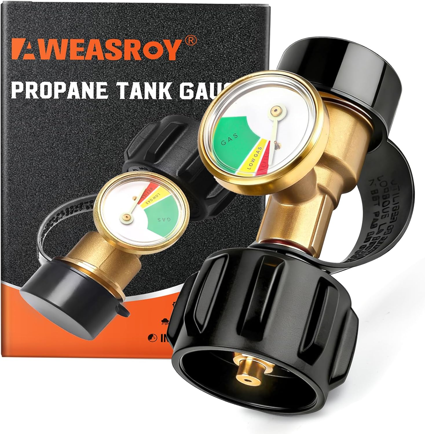 Propane tank gauge with color-coded fuel level indicator and QCC1 connector