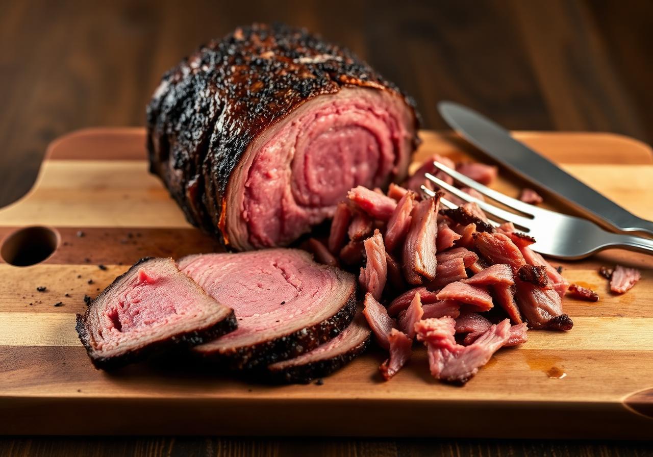 Smoked bottom round rump roast sliced and shredded showing both cooking methods