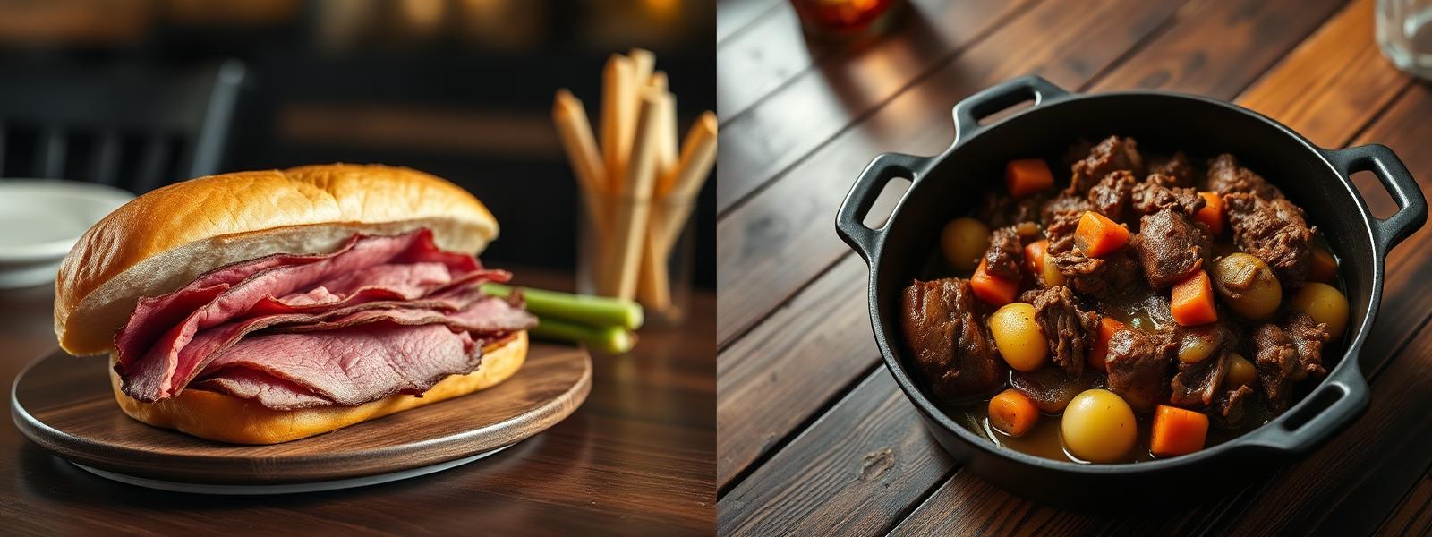Smoked bottom round roast served as roast beef sandwiches and pot roast plate