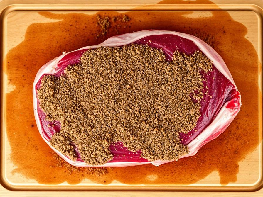 Bottom round rump roast seasoned with dry rub on cutting board