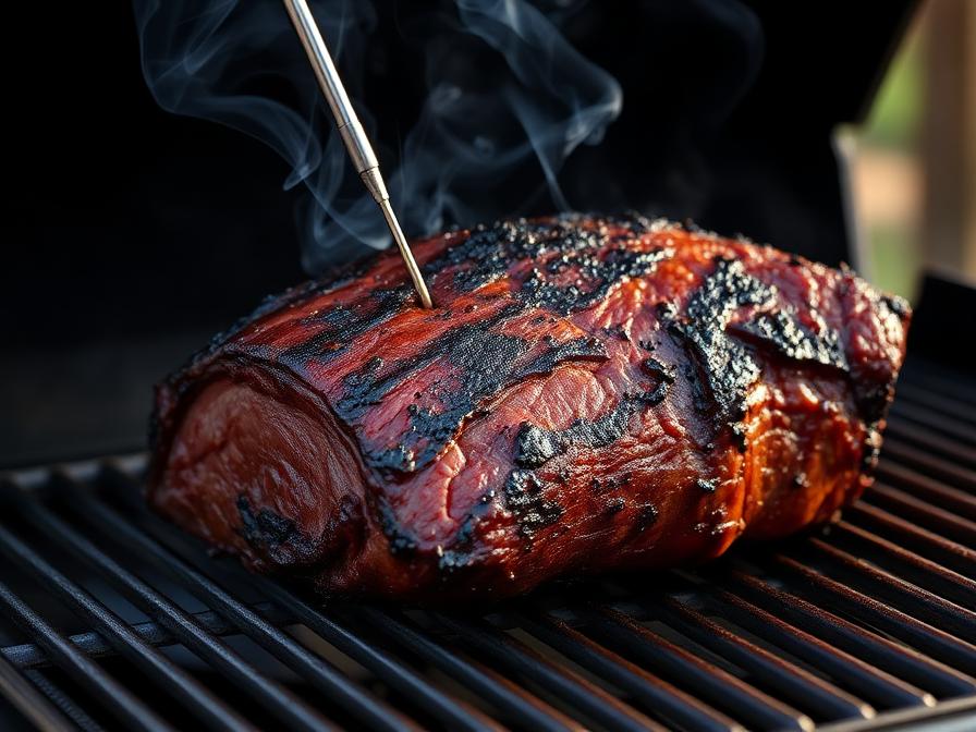 Bottom round roast smoking on Traeger pellet grill at 225 degrees