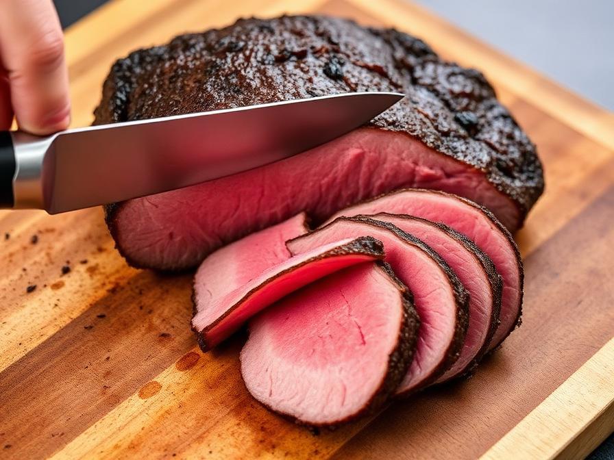 Bottom round roast sliced paper-thin against the grain on cutting board