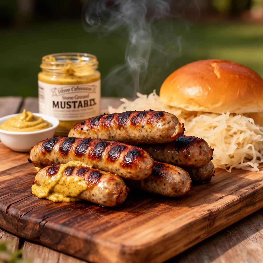 Smoked bratwurst sausages on a Traeger pellet grill