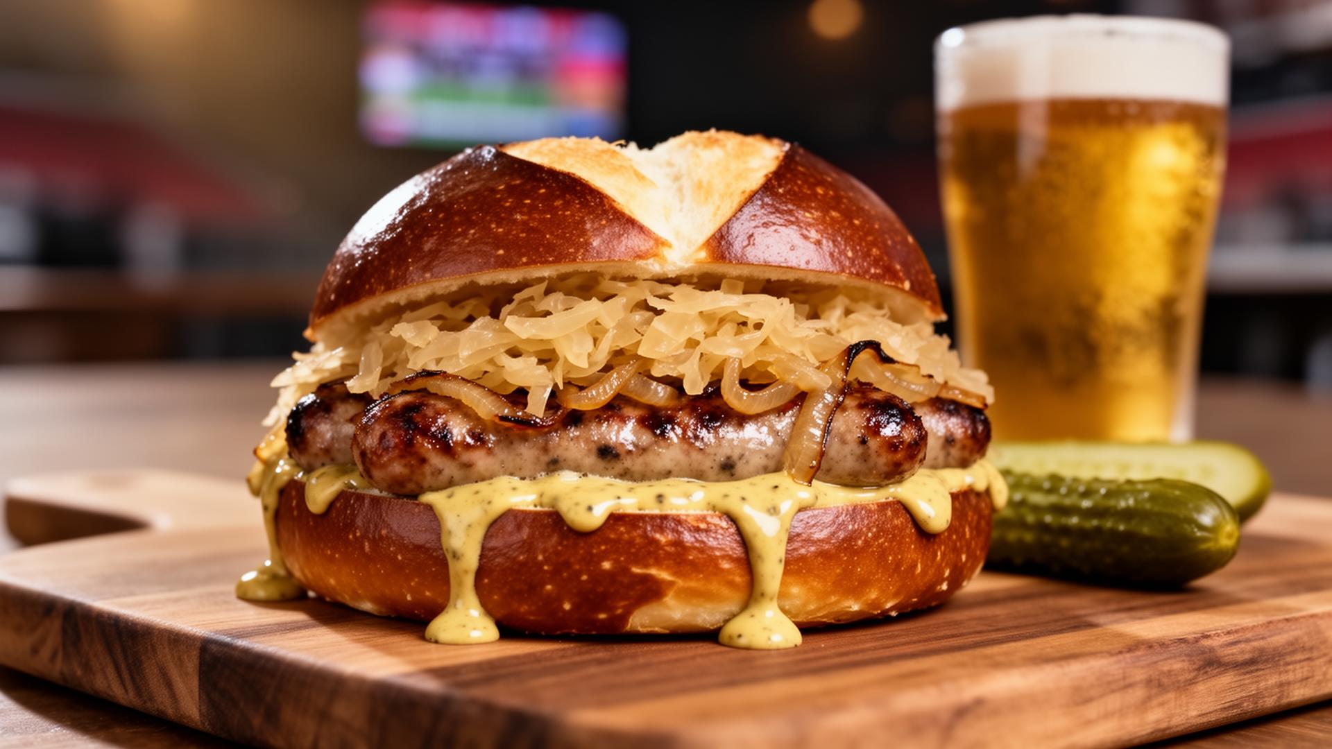 Smoked bratwurst on bun with sauerkraut and mustard