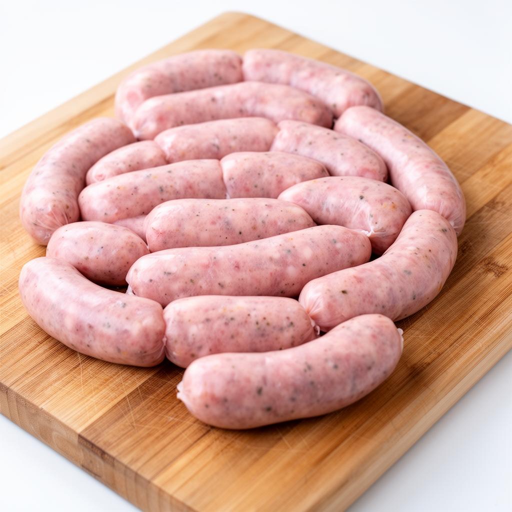 Fresh bratwurst links on a cutting board ready for smoking
