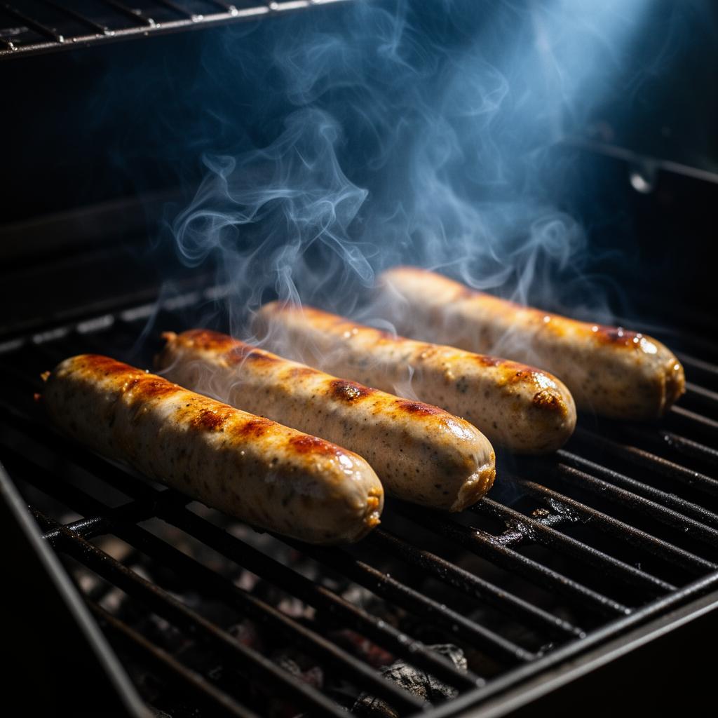 Bratwurst smoking on pellet grill grates with visible smoke