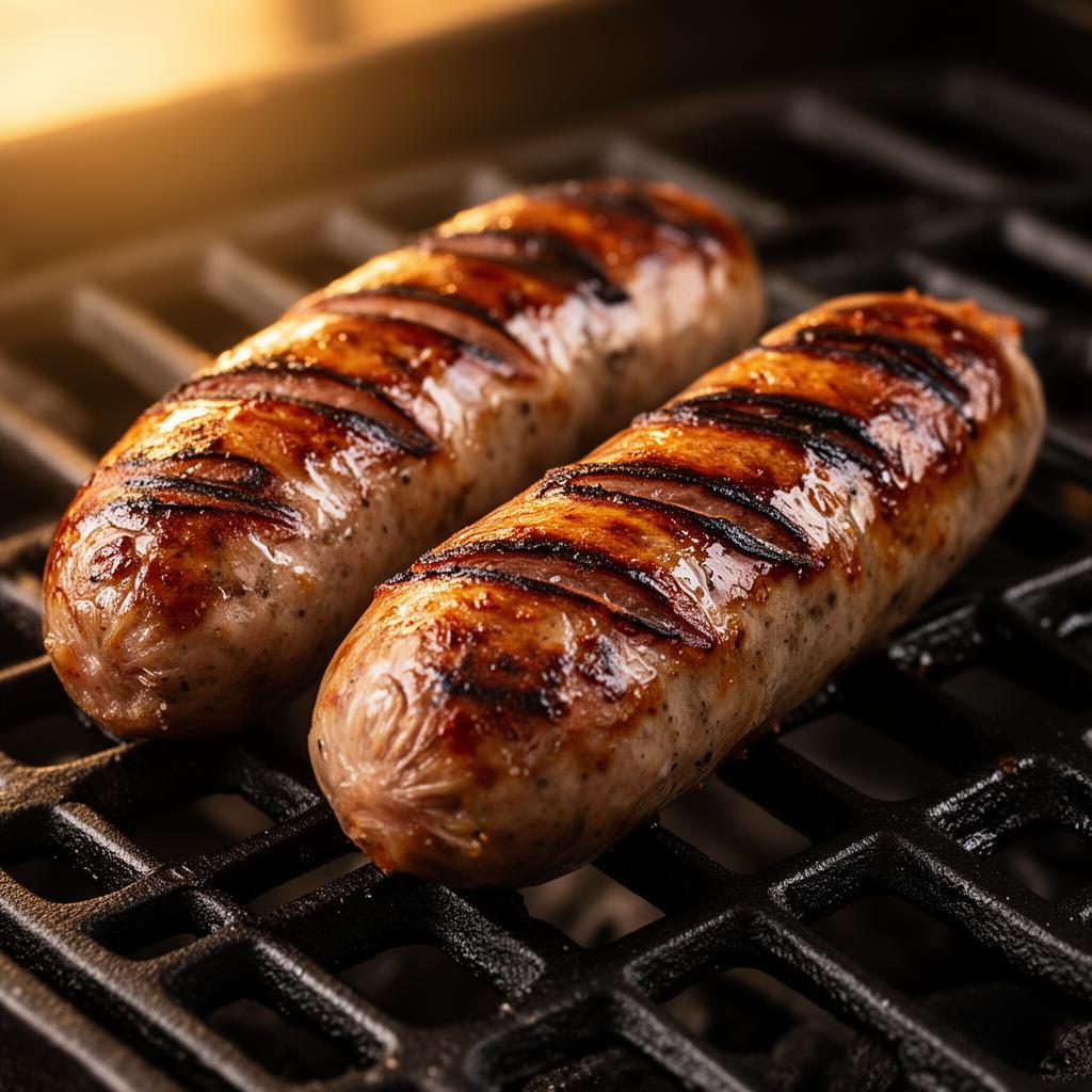 Smoked bratwurst with sear marks on grill grates