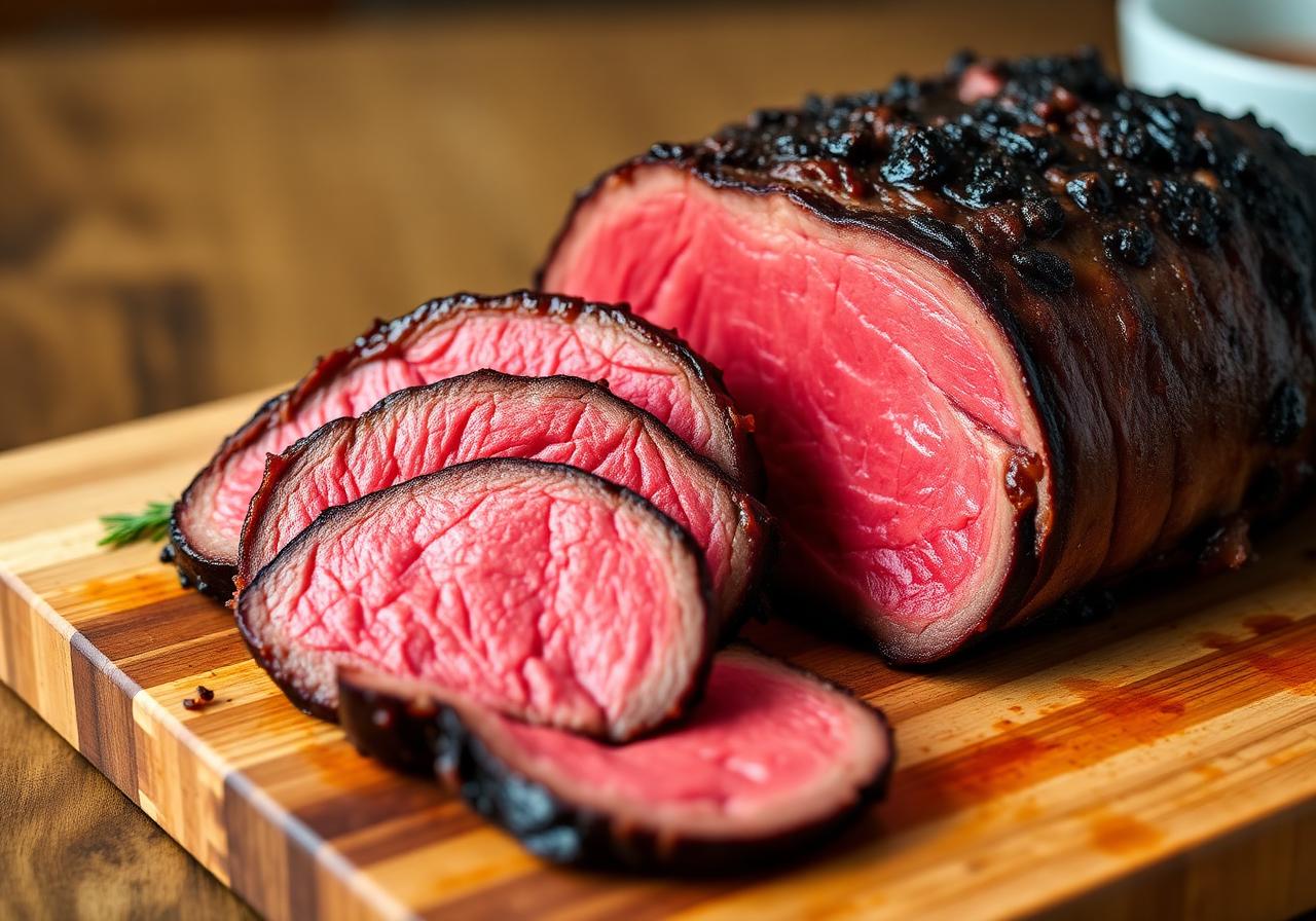 Sliced smoked eye of round roast beef on a wooden board