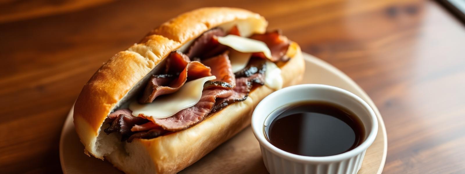 Sliced roast beef sandwich on brioche bun with horseradish cream