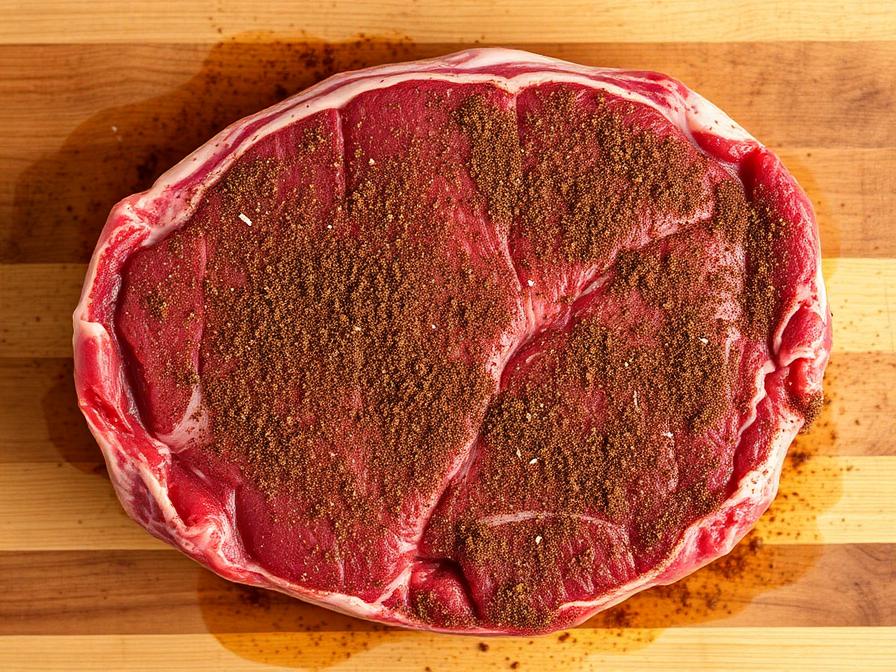 Raw eye of round roast coated in dry rub seasoning