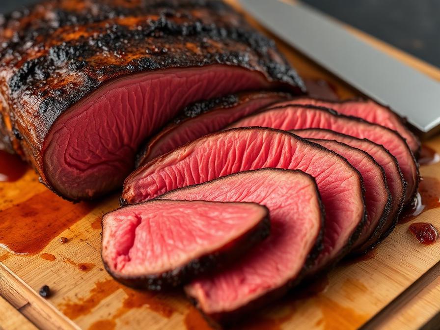 Smoked eye of round roast sliced thinly on cutting board