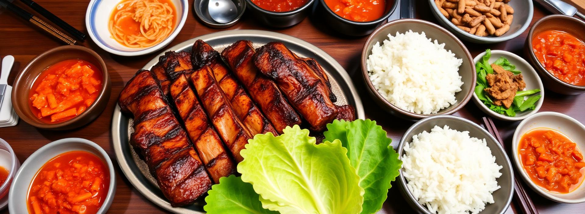 Korean BBQ flanken short ribs served with rice, kimchi, and traditional banchan