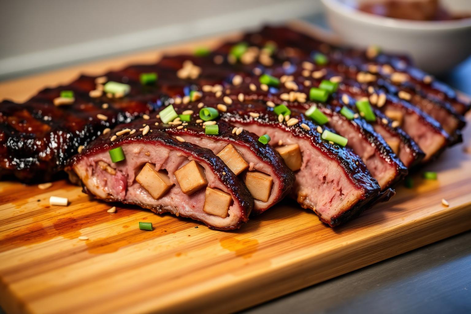 Grilled Korean kalbi flanken short ribs with sesame seeds on cutting board