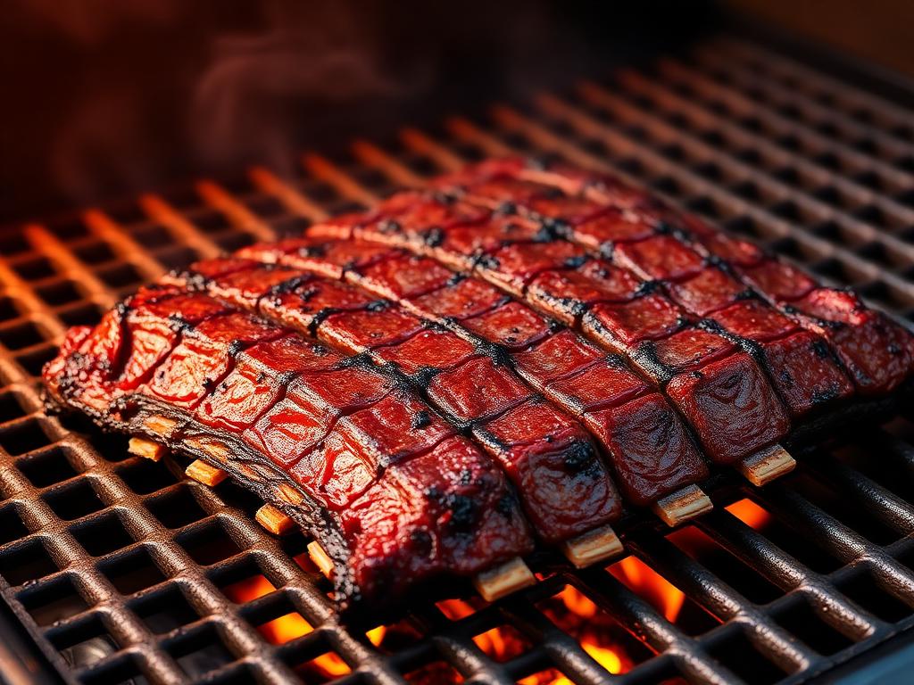 Korean kalbi flanken short ribs searing on hot grates with caramelized crust and grill marks