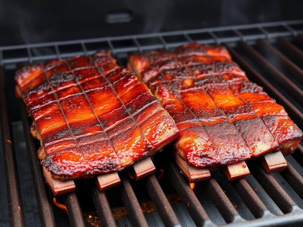 Texas-style flanken short ribs developing mahogany smoke color on pellet smoker grates