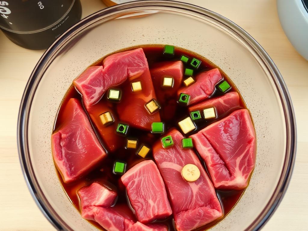 Flanken short ribs marinating in Korean kalbi marinade with soy, sesame, and grated Asian pear