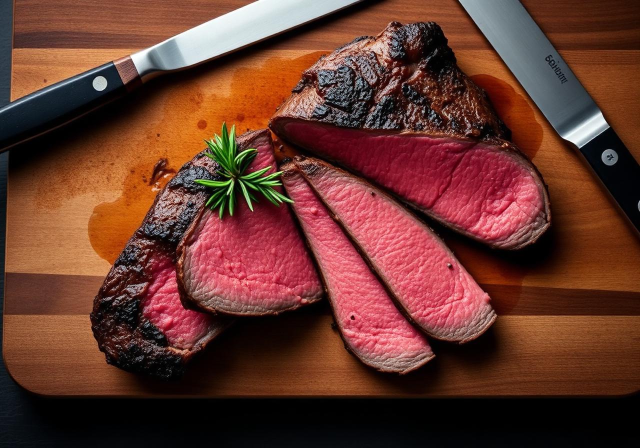 Smoked London Broil sliced thin against the grain on cutting board after reverse sear