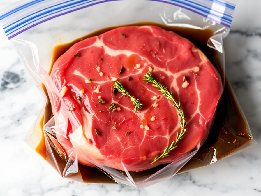 London Broil marinating in zip-top bag with garlic, herbs, and dark marinade