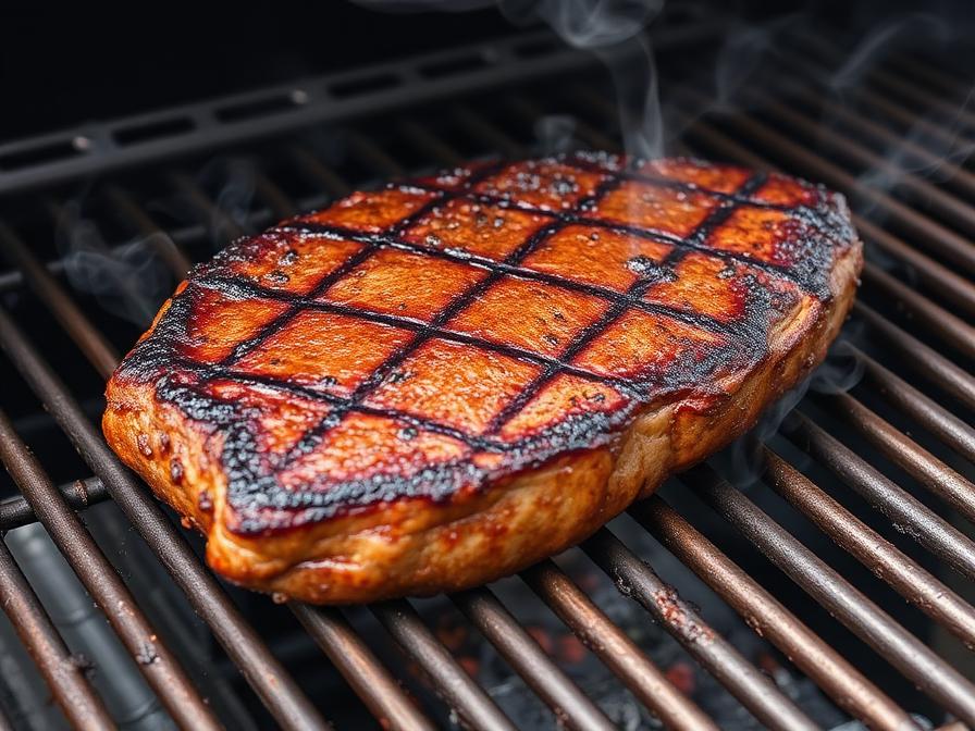 London Broil smoking on Traeger pellet grill with developing color