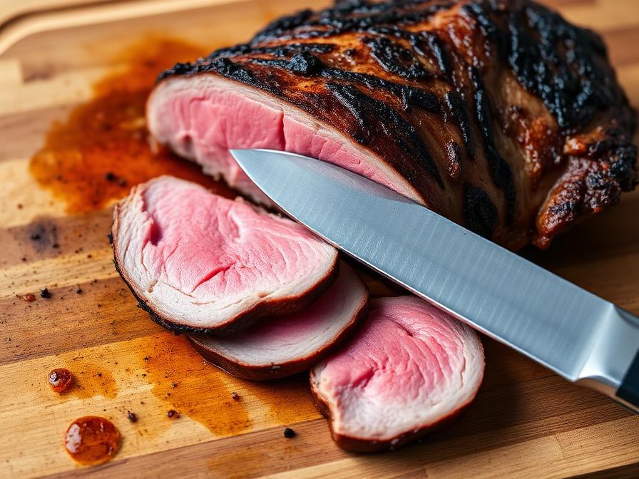 Smoked London Broil sliced paper-thin against the grain on cutting board
