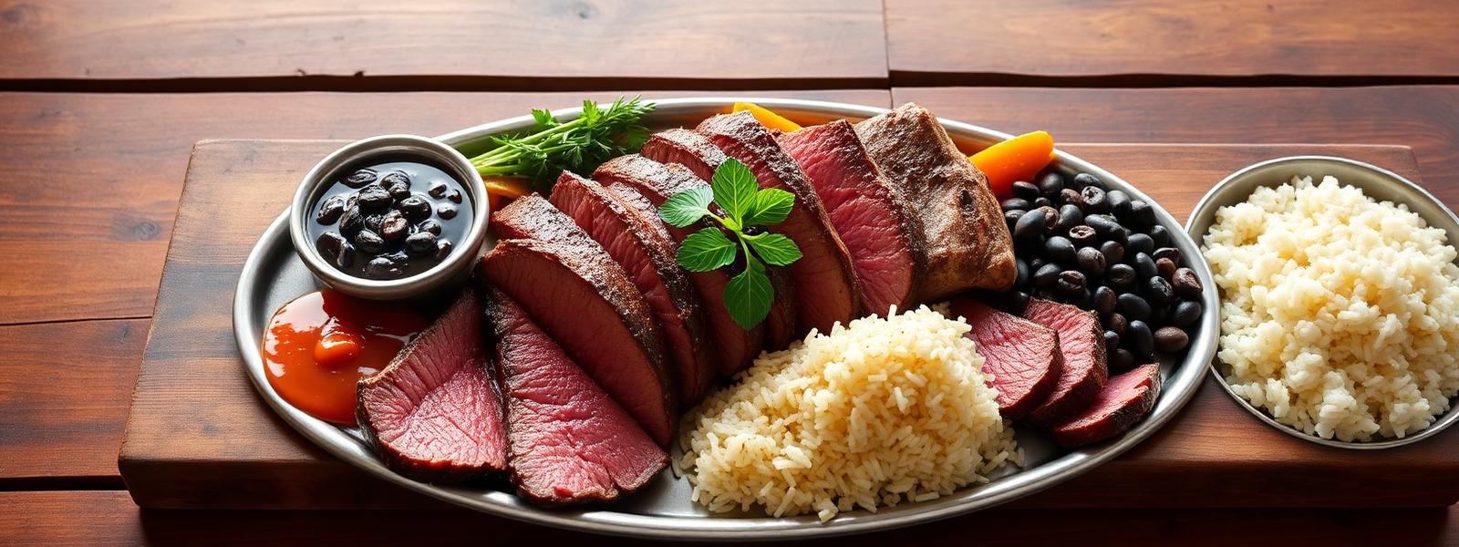 Sliced picanha with chimichurri and traditional sides
