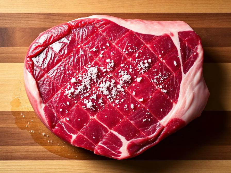 Raw picanha sirloin cap with scored fat cap and coarse salt seasoning