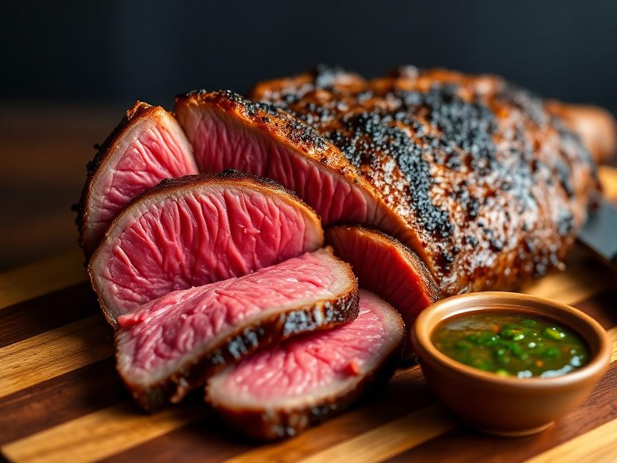 Sliced smoked picanha showing pink medium-rare interior and rendered fat cap