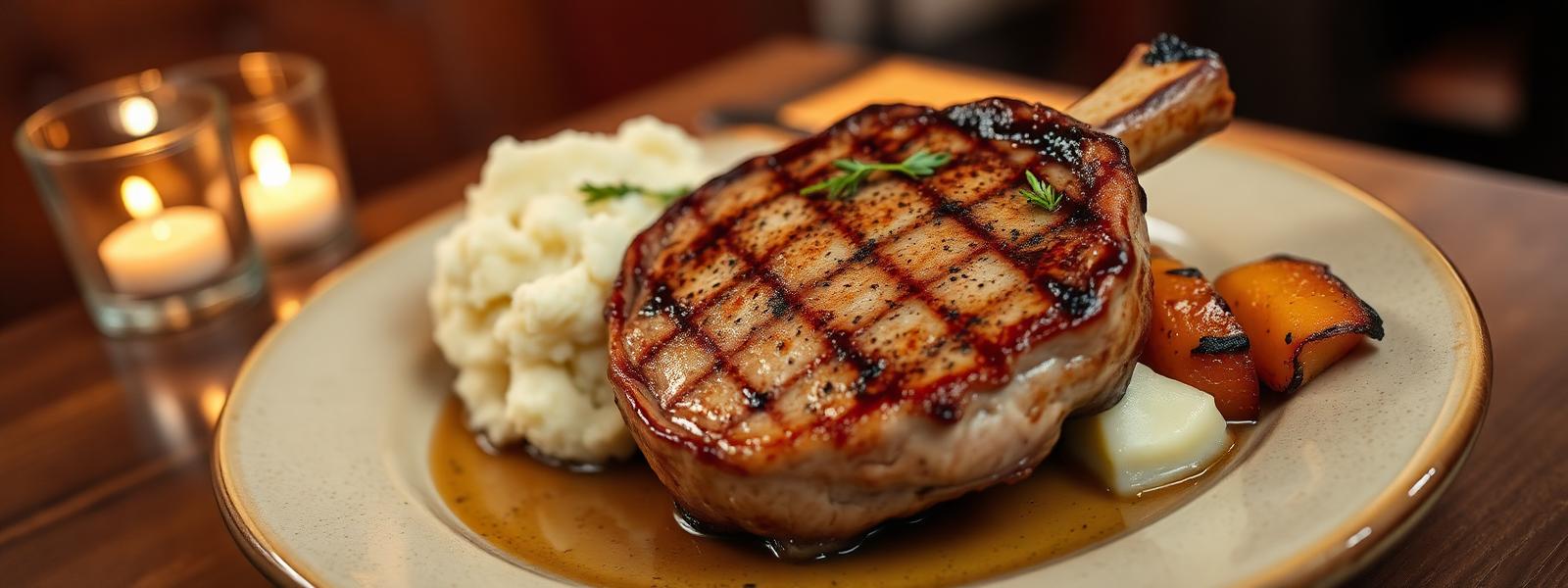 Plated pork chop with roasted vegetables and herb garnish