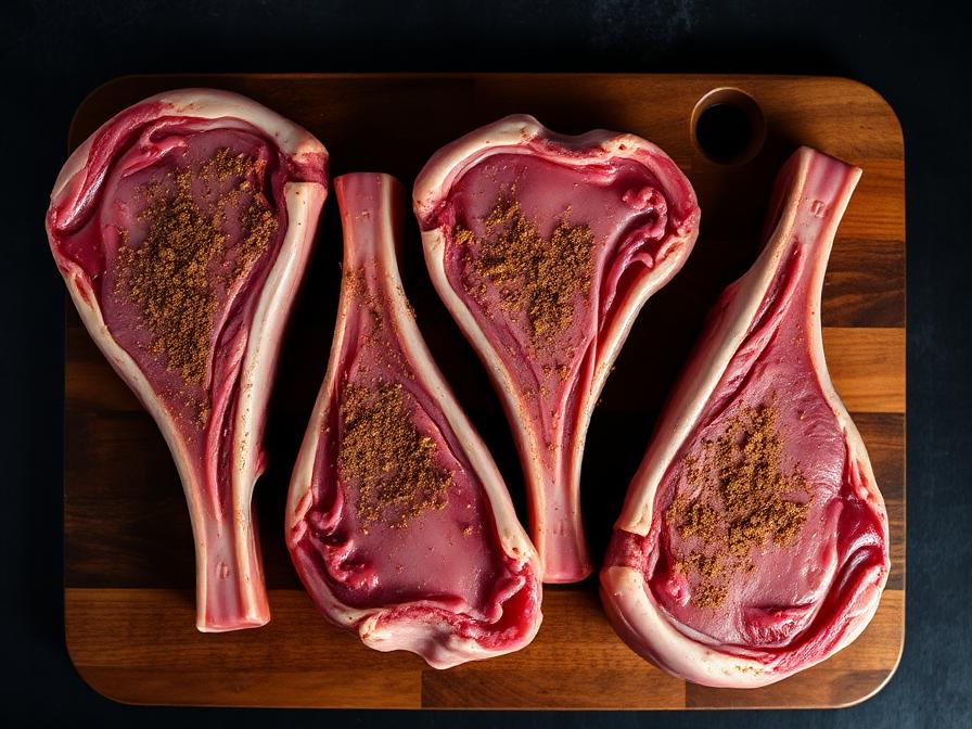 Thick-cut bone-in pork chops seasoned with dry rub