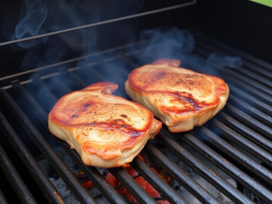 Pork chops smoking on pellet grill grates at 225 degrees