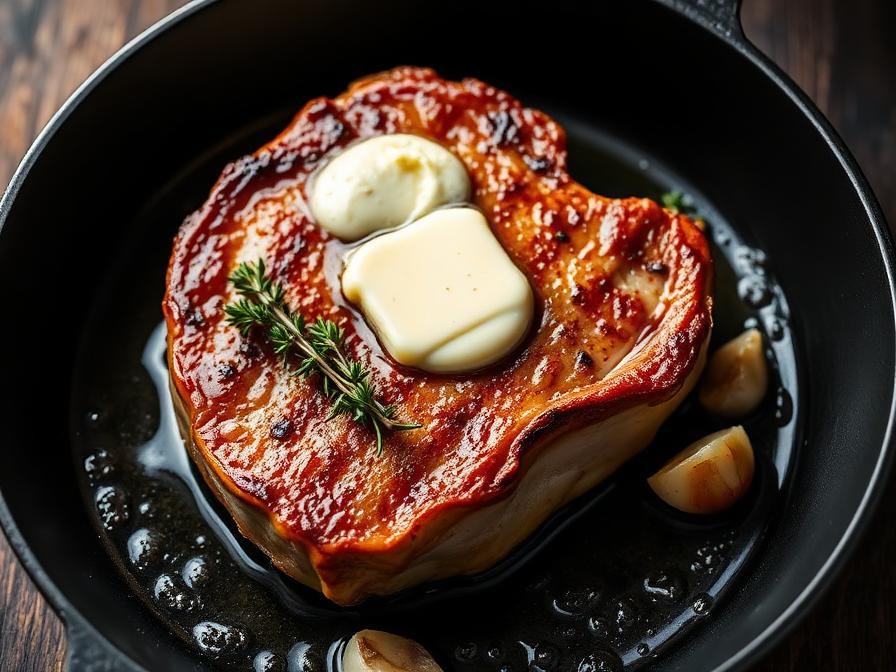 Pork chop searing in cast iron pan with butter and herbs
