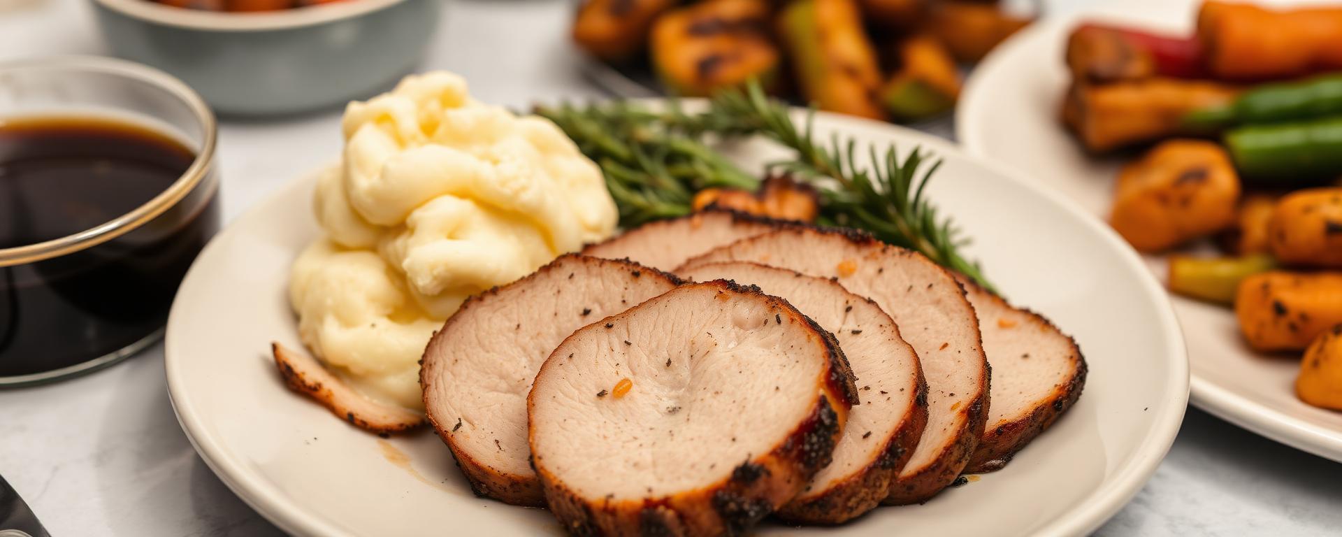 Smoked pork tenderloin sliced and served with weeknight-friendly side dishes