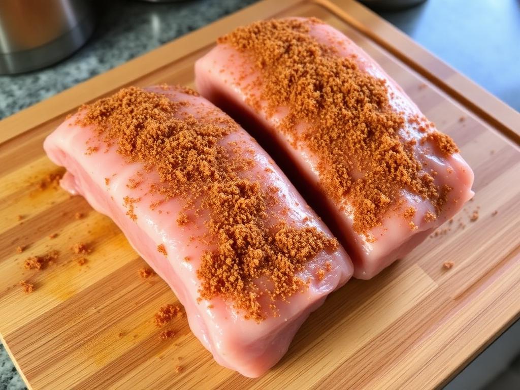 Two raw pork tenderloins seasoned with dry rub on cutting board