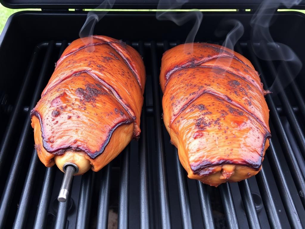 Pork tenderloins smoking on Traeger pellet grill with developing color