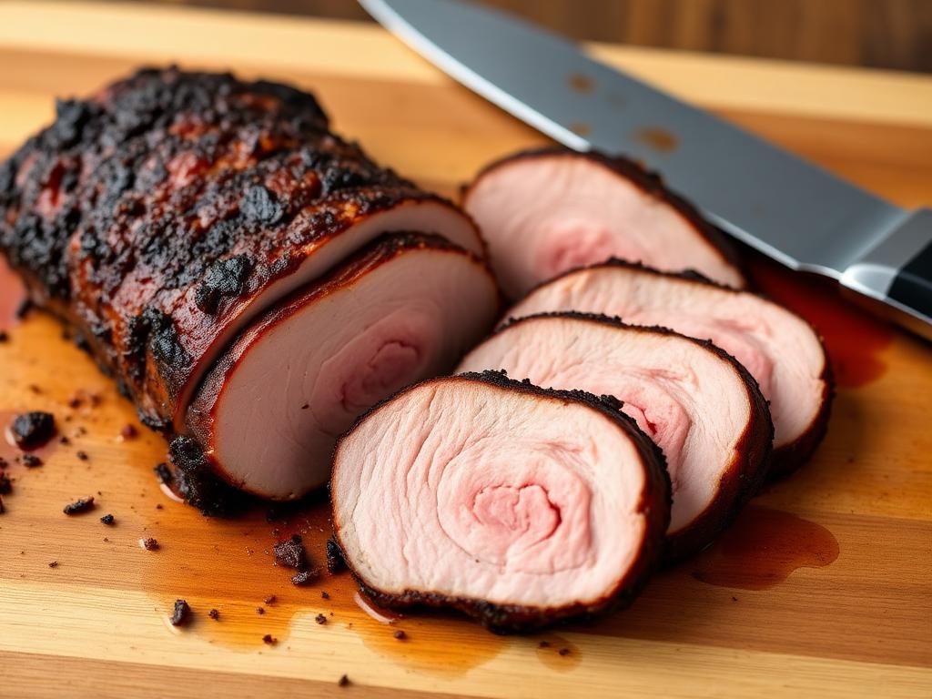 Smoked pork tenderloin sliced into medallions showing juicy pink interior