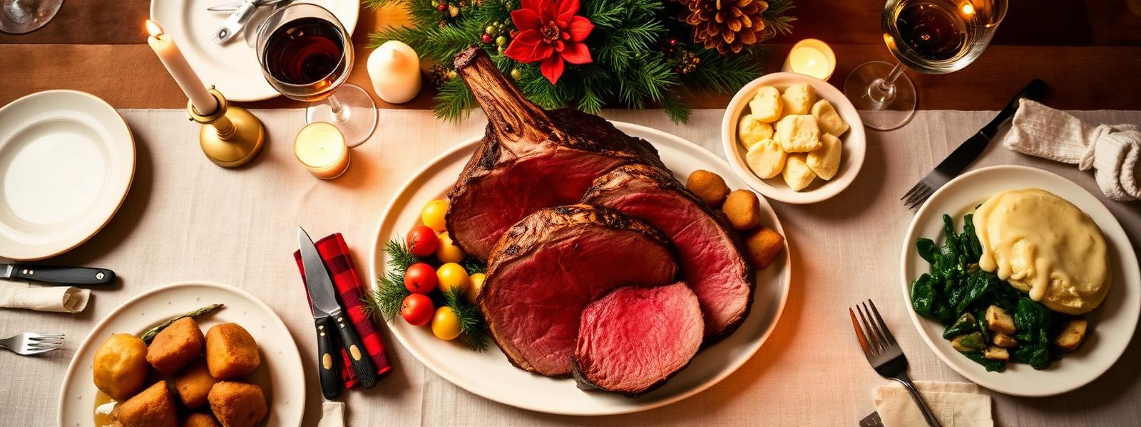 Sliced prime rib roast served with traditional holiday sides