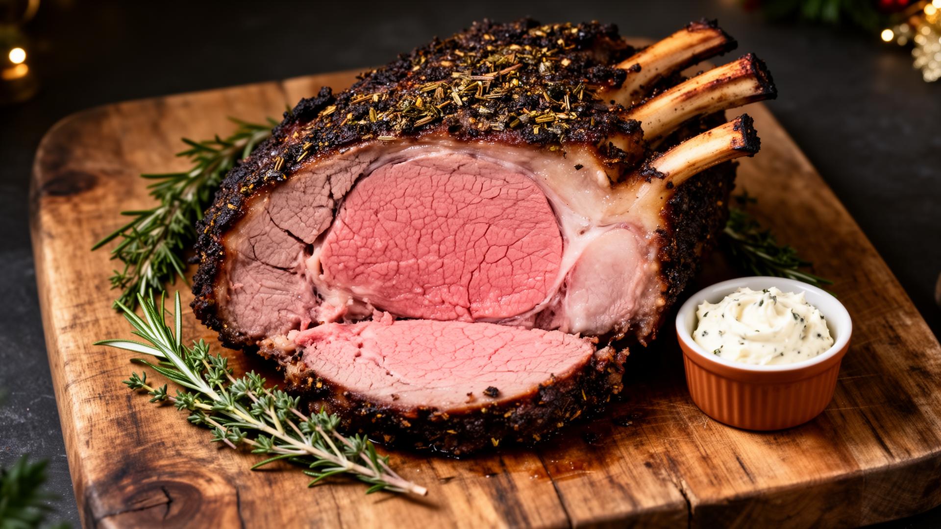 Sliced smoked prime rib roast with pink medium-rare interior and herbed crust