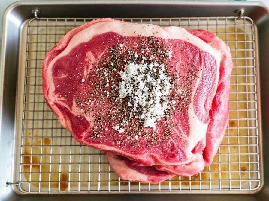 Raw prime rib roast seasoned with kosher salt and pepper on wire rack